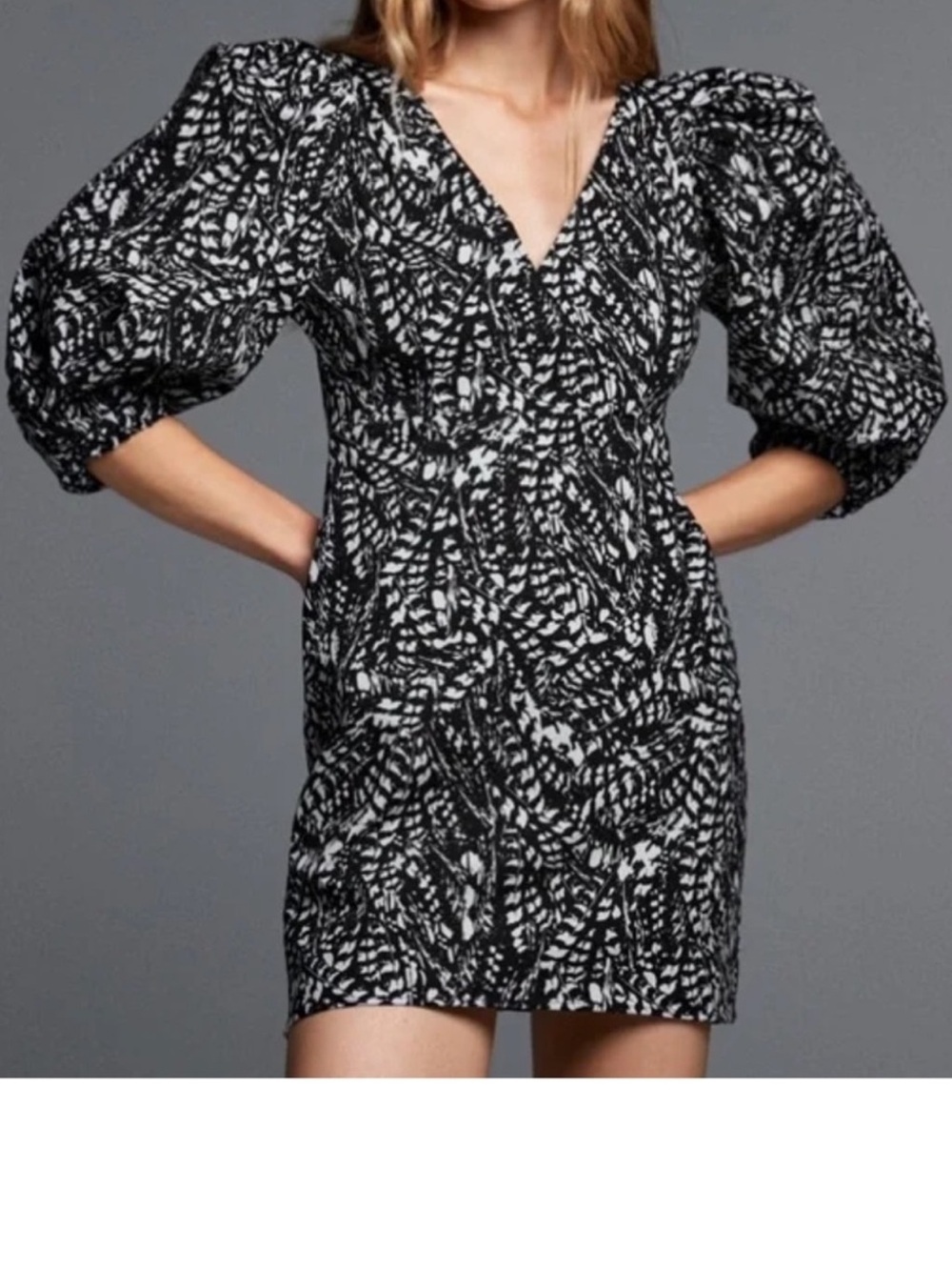 Zara Womens Medium The Kacy Dress Black White Puff Sleeve Mini V Neck Stretchy